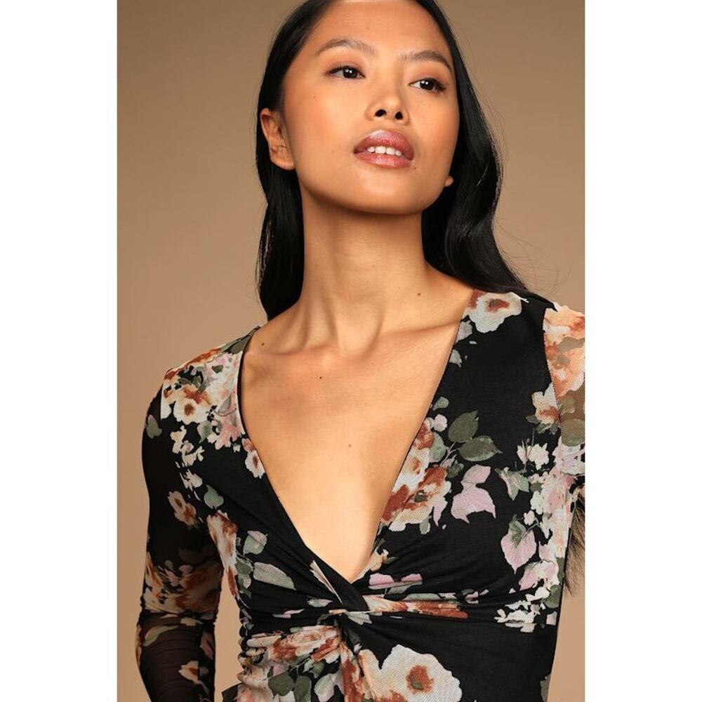 Lulus Majorly Moody Black Floral Twist-front Long Sleeve Mesh Bodysuit